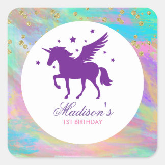 Pegatina Cuadrada Cumpleaños de Unicornio morado y dorado
