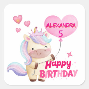 Pegatina Cuadrada Cumpleaños de Unicornio Personalizado