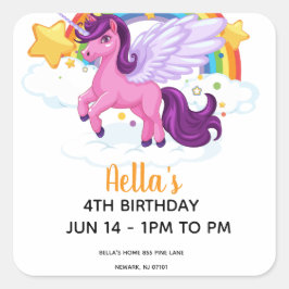 Pegatina Cuadrada Cumpleaños de Unicornio y Arcoíris