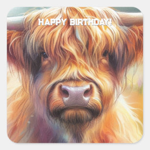 Pegatina Cuadrada Cumpleaños de vaca Highland linda y fuerte y pelud