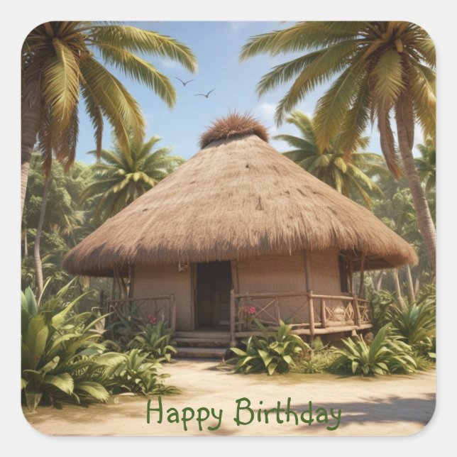 Pegatina Cuadrada Cumpleaños de Vacaciones Tropicales (Anverso)