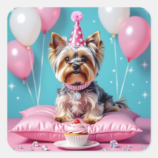 Pegatina Cuadrada Cumpleaños de Yorkie Rosa Lindo (Anverso)
