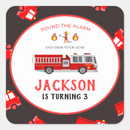 Pegatina Cuadrada Cumpleaños del camión de bomberos