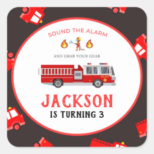 Pegatina Cuadrada Cumpleaños del camión de bomberos
