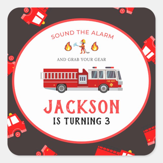 Pegatina Cuadrada Cumpleaños del camión de bomberos (Anverso)