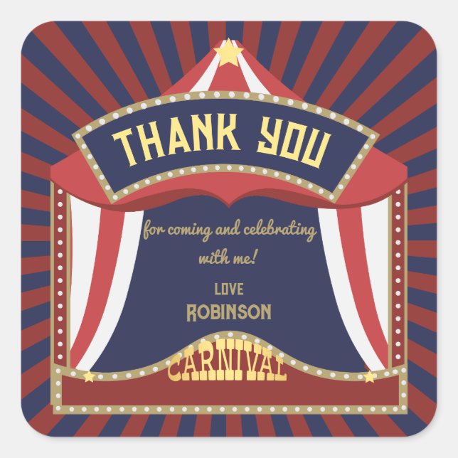 Pegatina Cuadrada Cumpleaños del Carnaval Retro Azul y Rojo (Anverso)