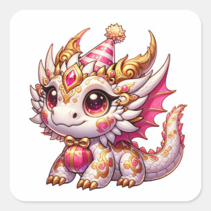 Pegatina Cuadrada Cumpleaños del Chica Fancy Pink and Gold Dragon