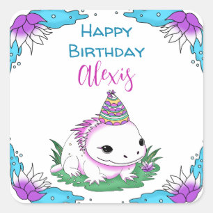 Pegatina Cuadrada Cumpleaños del Chica Temático de Axolotl Personali