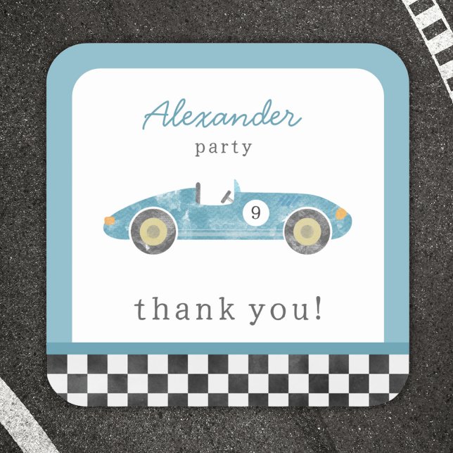 Pegatina Cuadrada cumpleaños del coche de carreras azules (Subido por el creador)