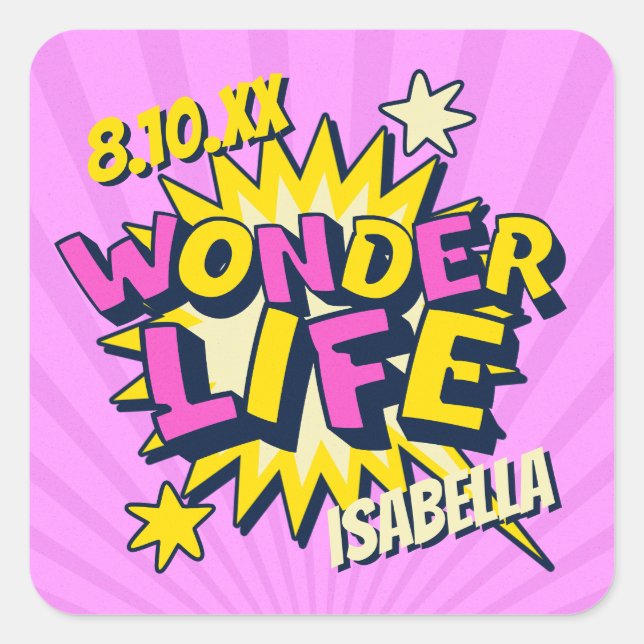 Pegatina Cuadrada Cumpleaños del cómic personalizado (Anverso)