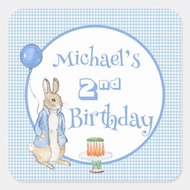 Pegatina Cuadrada Cumpleaños del conejo azul lindo 2do (Anverso)