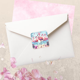 Pegatina Cuadrada Cumpleaños del Fiesta Flamingle Beach