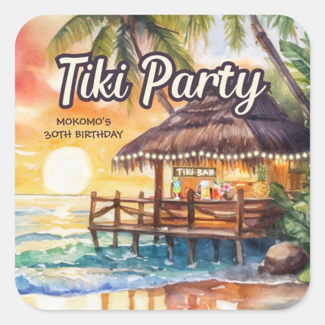 Pegatina Cuadrada Cumpleaños del Fiesta Tropical Beach Tiki (Anverso)