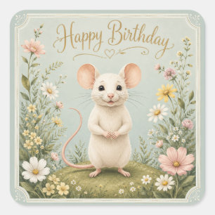 Pegatina Cuadrada Cumpleaños del Jardín del Ratón Amable