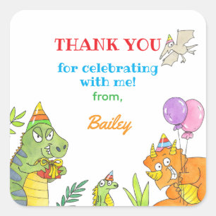 Pegatina Cuadrada Cumpleaños del niño del tema de dinosaurio Gracias