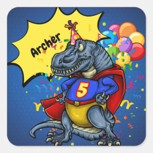 Pegatina Cuadrada Cumpleaños del super héroe de T-Rex 5to