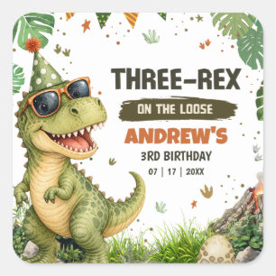 Pegatina Cuadrada Cumpleaños del Tercer Rex Dinosaurio T Rex Dino