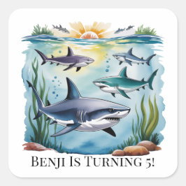 Pegatina Cuadrada Cumpleaños Del Tiburón Bajo El Mar