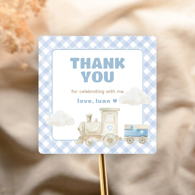 Pegatina Cuadrada Cumpleaños del Tren Chugga Chugga  (Train Boy Birthday Party Sticker)