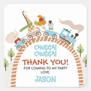 Pegatina Cuadrada Cumpleaños del Tren Chugga Chugga Gracias