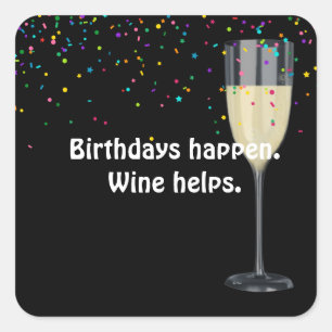 Pegatina Cuadrada Cumpleaños del Vino Blanco y Confetti