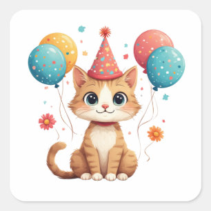 Pegatina Cuadrada Cumpleaños Divertido con Gorro de Fiesta y Globos