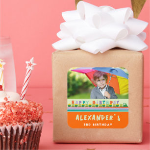 Pegatina Cuadrada Cumpleaños Divertido y Lindo Tren Niño Favor de la