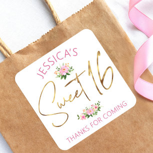 Pegatina Cuadrada Cumpleaños Dulces 16 Rosa Desmayado Floral Guión D
