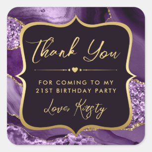 Pegatina Cuadrada Cumpleaños Elegante con Purpura y Dorado Agata