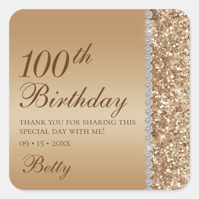 Pegatina Cuadrada Cumpleaños elegante número 100 (Anverso)