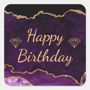 Pegatina Cuadrada Cumpleaños Feliz Ágata Brillo Púrpura y Dorado