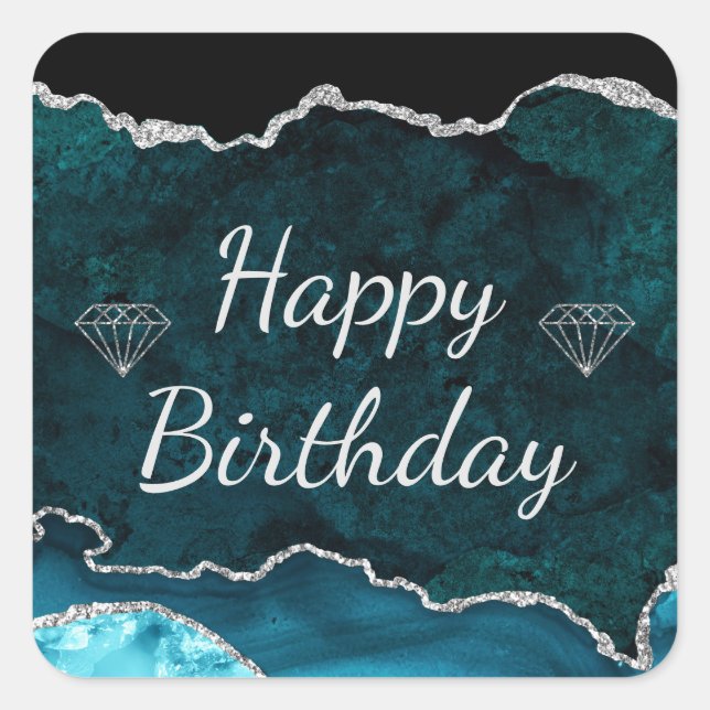 Pegatina Cuadrada Cumpleaños Feliz Ágata Brillo Teal y Plata (Anverso)