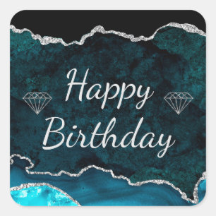 Pegatina Cuadrada Cumpleaños Feliz Ágata Brillo Teal y Plata