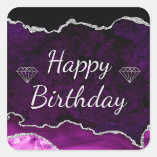 Pegatina Cuadrada Cumpleaños Feliz Ágata Purpura y Plateado con Bril