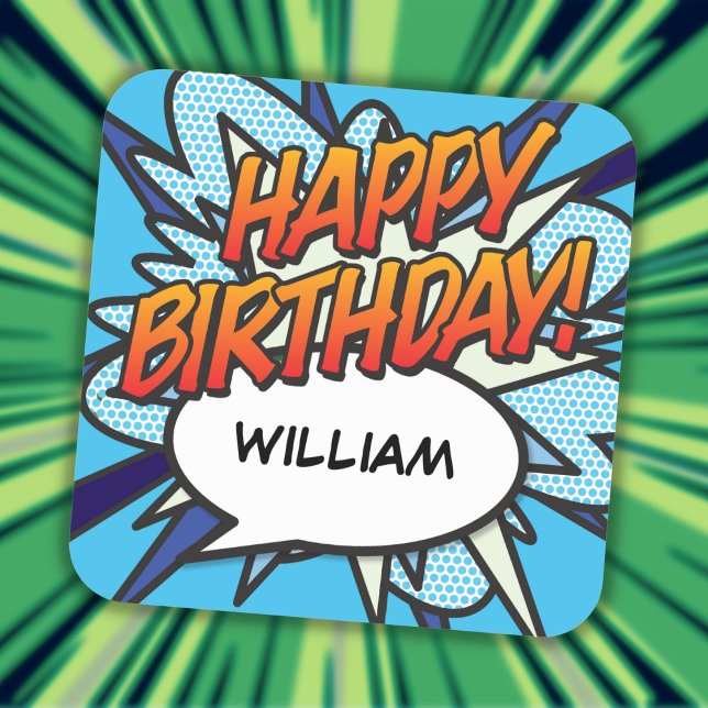 Pegatina Cuadrada Cumpleaños Feliz Burbuja de Discurso Divertido Ret (HAPPY BIRTHDAY Speech Bubble Fun Retro Comic Book Square Sticker)