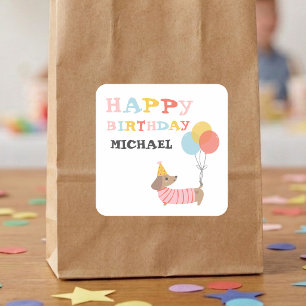 Pegatina Cuadrada Cumpleaños Feliz Dachshund Personalizado