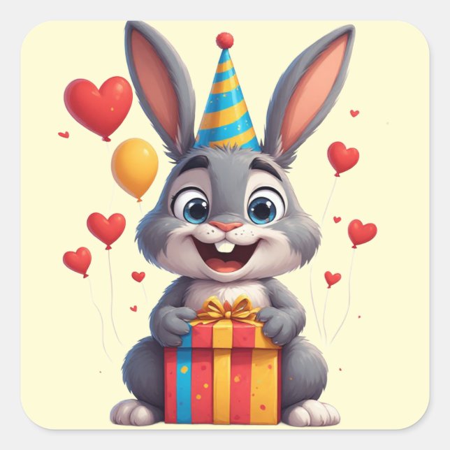 Pegatina Cuadrada 🐇 Cumpleaños Feliz de Conejo con Regalo (Anverso)