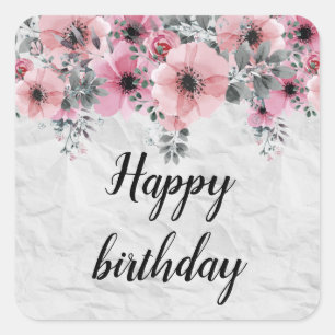 Pegatina Cuadrada Cumpleaños Feliz Floral Antiguo Elegante Romántico