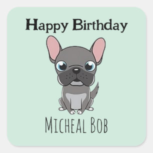 Pegatina Cuadrada Cumpleaños feliz gris lindo pug perro azul nombre