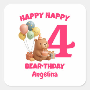Pegatina Cuadrada Cumpleaños Feliz Oso de Peluche Personalizado Cump