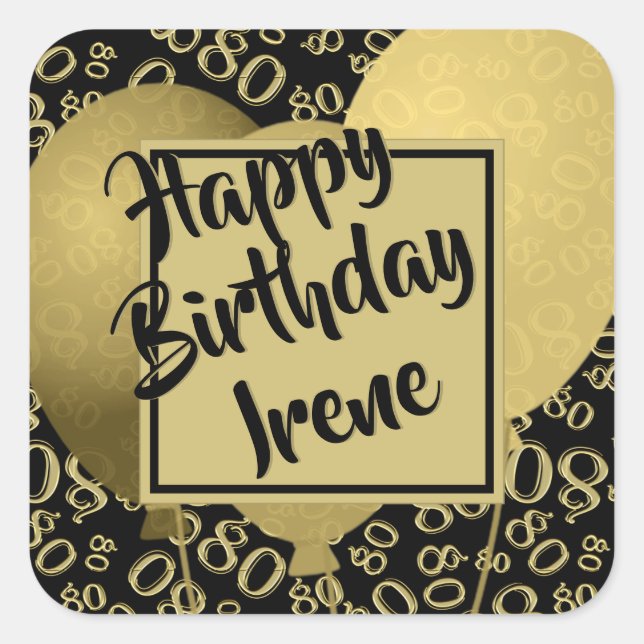 Pegatina Cuadrada Cumpleaños feliz - Patrón de números dorados/negro (Anverso)