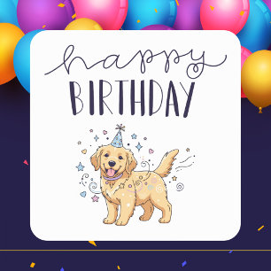Pegatina Cuadrada Cumpleaños Feliz Perrito Cachorro Lindo Clásico Mo