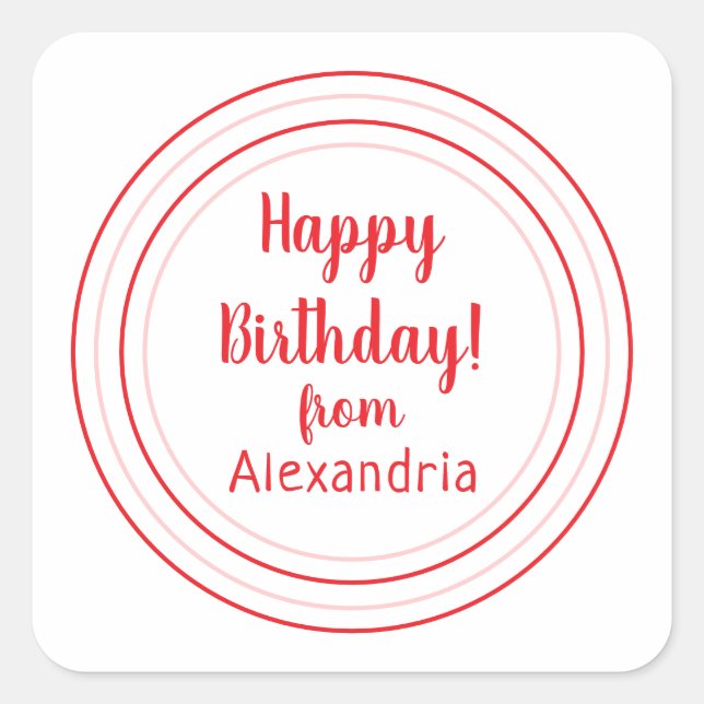 Pegatina Cuadrada Cumpleaños Feliz Personalizado Rojo y Rosa (Anverso)