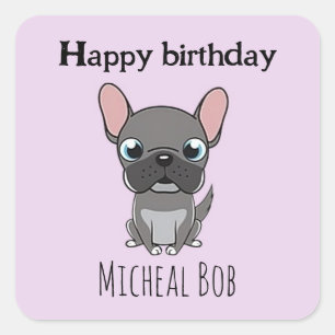 Pegatina Cuadrada Cumpleaños feliz pug gris lindo perro púrpura