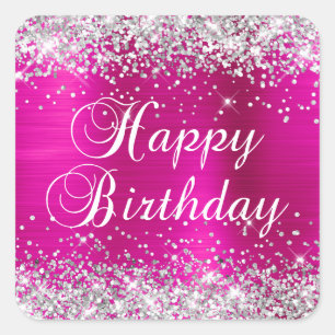 Pegatina Cuadrada Cumpleaños Feliz Purpurina Plateada Foil Rosa Bril