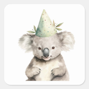 Pegatina Cuadrada Cumpleaños Feliz Sombrero de Fiesta de Koala