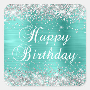 Pegatina Cuadrada Cumpleaños Feliz Turquesa Brillo Plateado