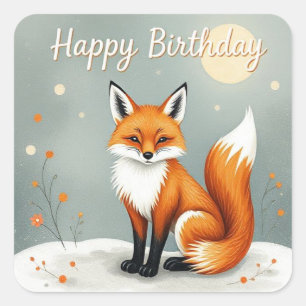 Pegatina Cuadrada Cumpleaños Feliz Zorro Marrón Bosque Encantador