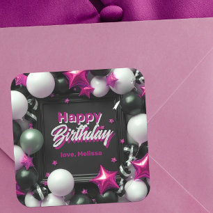 Pegatina Cuadrada Cumpleaños festivo de globo rosa metálico blanco n