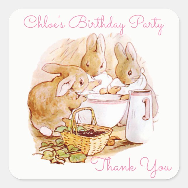 Pegatina Cuadrada Cumpleaños, Fiesta Beatrix Potter, Personalizado (Anverso)